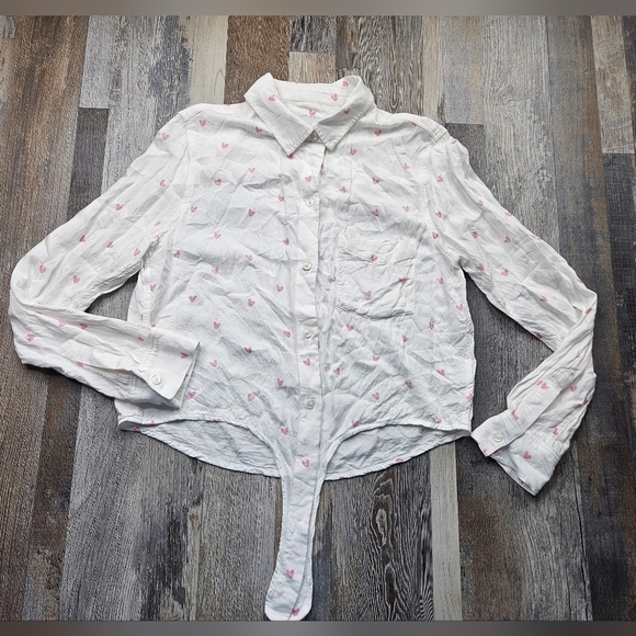 Rails Women's XS Tie Front Button Down Shirt White with Pink Hearts - Picture 1 of 8